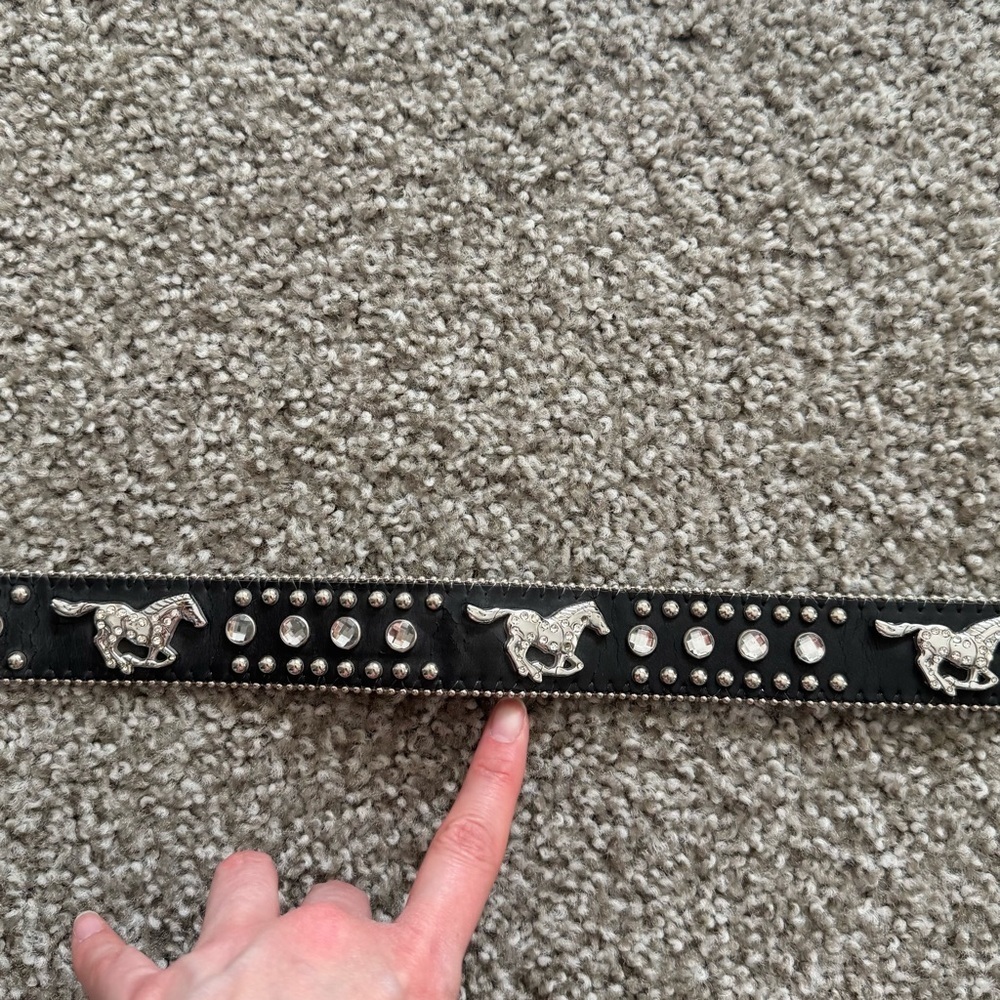 Nocona Leather Belt 26 Black Studded Rhinestone Sliver Bling Cowgirl Y2K Boho‎ - Picture 11 of 14